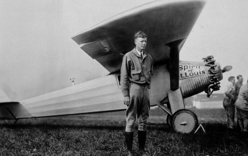 Charles Lindbergh American aviator in front of his plane Spirit of Saint Louis taking off from Roose from 