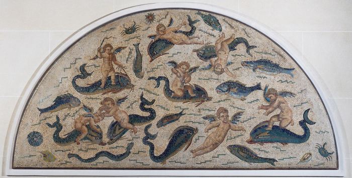 Cupids playing with dolphins, mosaic decoration of a fountain from Utica from 
