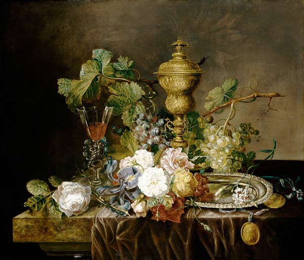 A Still Life With Roses, Carnations, An Iris, Grapes, A Silver Plate, Two Medallions, A ''Facon De V from 