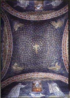 Central vault depicting a golden cross in a star strewn sky with the attributes of the apostles, 5th from 