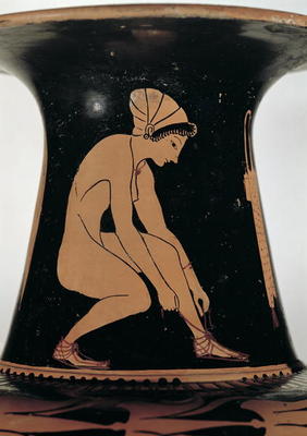 Crouching woman tying her sandal, detail from the neck of an Attic red-figure amphora, made by Pamph from 