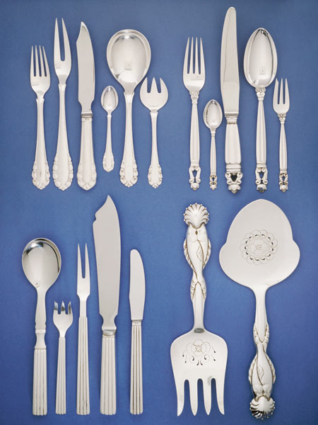 Danish Silver Flatware Services Variously Designed By Johan Rohde, Sigvard Bernadotte, And Georg Jen from 