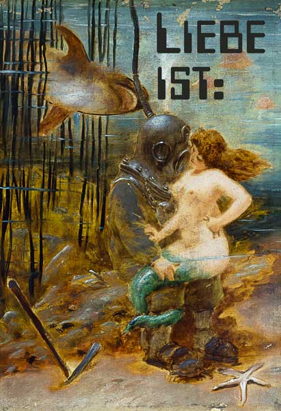 Deep Sea Diver with a Mermaid and a Shark mit Worten from 