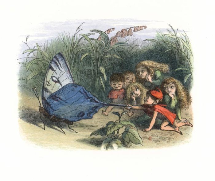 Elves and fairies teasing a butterfly by pulling its wing. from 