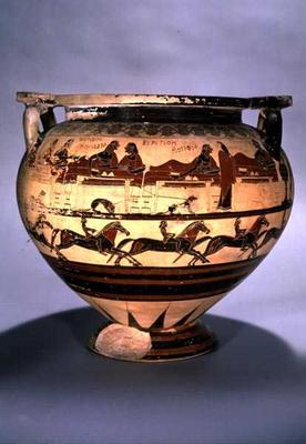 Early Corinthian black-figure column-krater depicting Herakles dining with Eurytos and his sons, wai from 