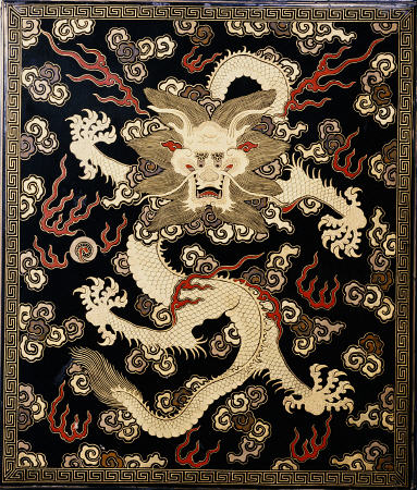 Fine Imperial Polychrome Black Lacquer Ink Cake Box Cover Depicting A Five Clawed Dragon from 