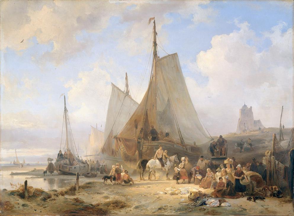 Fishing Boats on the Beach with Fishermen and Women Sorting the Catch from 