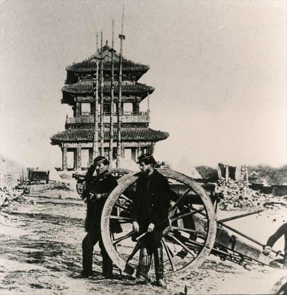 French soldiers by a cannon in Peking during the Anglo-French Expedition to China, 1860 (b/w photo)  from 