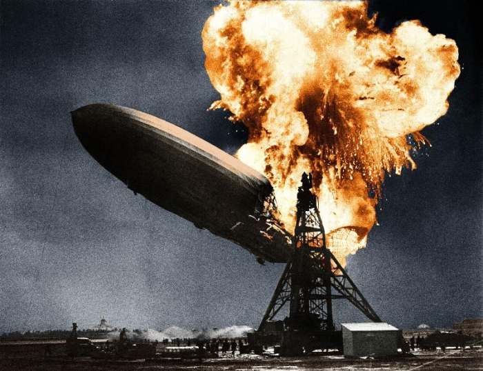 German dirigible LZ-129 Hindenburg here in flame when he arrived in Lakehurst airport near New York from 