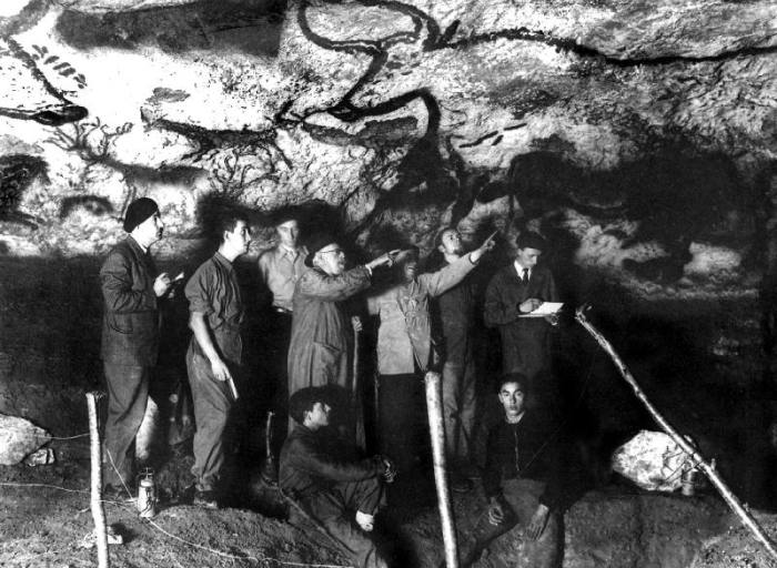 historical visit of the Cave of Lascaux, Montignac, France at the time of its discovery in 1940 l-r  from 