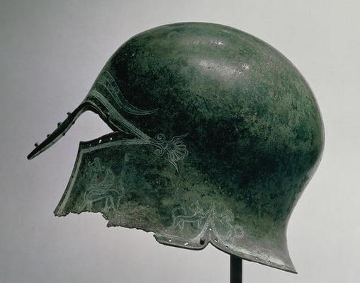 Helmet with incised decoration, Greek, c.5th century BC (bronze) from 