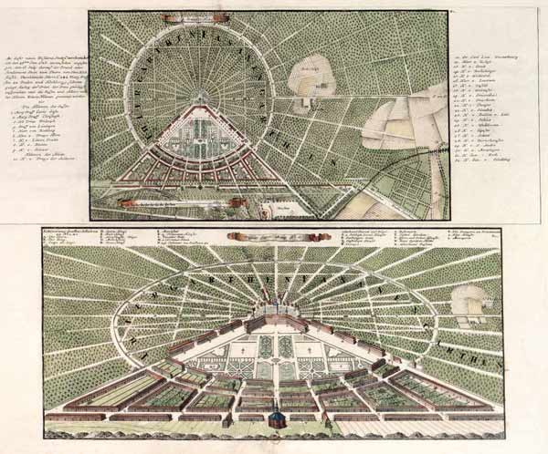 Karlsruhe, Stadtplan u. Vogelschau 1715 from 