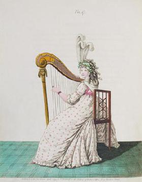 Lady playing the harp in evening dress from Nikolaus Heideloff's Gallery of Fashion, Vol II, April 1