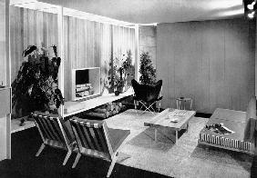 Living-dining room designed by Florence Knoll, page 77 from the catalogue for 'An Exhibition for Mod