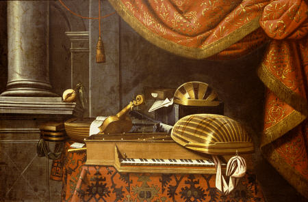 Lutes With A Clavichord On A Table, A Red Curtain Above from 