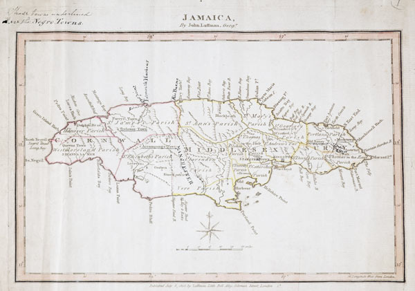 Map of Jamaica showing maroon settlements underlined, where runaway slaves found refuge, 1805 (ink o from 
