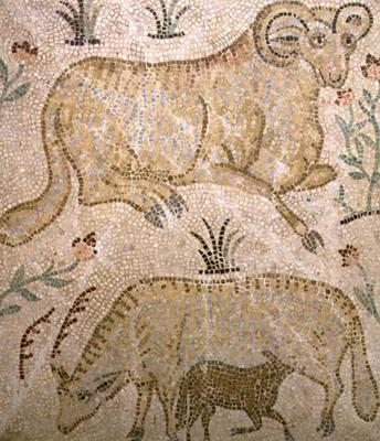 Mosaic plaque depicting a ram and a ewe suckling a lamb, possibly Greek from 
