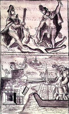Ms Laur. Med. Palat. 220 f.471 (TtoB) Quauhtenco and Mayenatzin punishing traitors; the Spanish flee from 