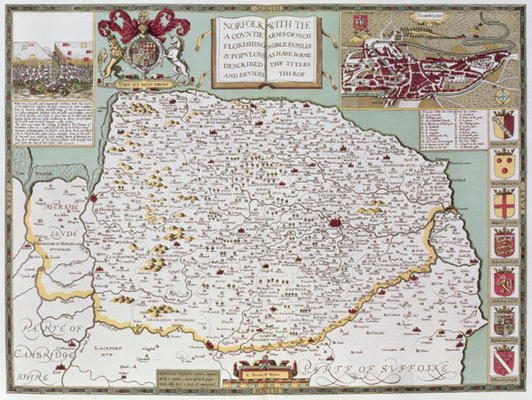 Norfolk, engraved by Jodocus Hondius (1563-1612) from John Speed's 'Theatre of the Empire of Great B from 