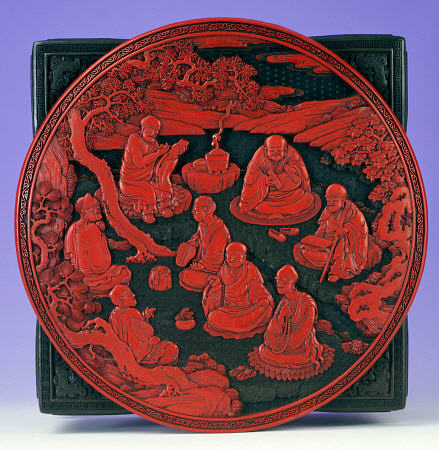 One Of A  Pair Of Imperial Carved Four-Colour Lacquer Boxes, Showing The Cover Depicting Eight Seate from 