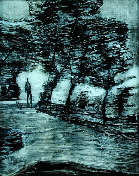 Park path, with tall man and dog, 1907 (no 21) (reverse glass painting)  from 