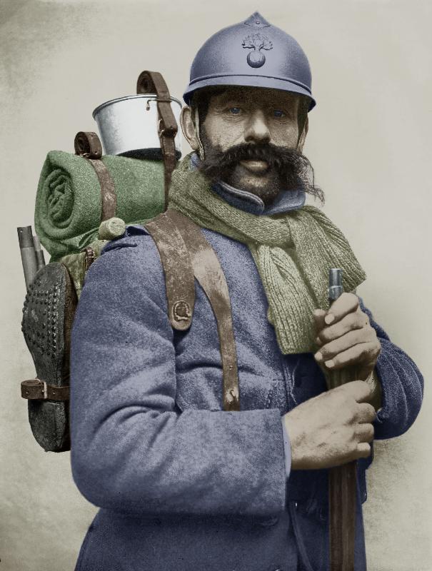 Portrait of a French soldier dressed with his sky blue military uniform and carrying a backpack, wit from 