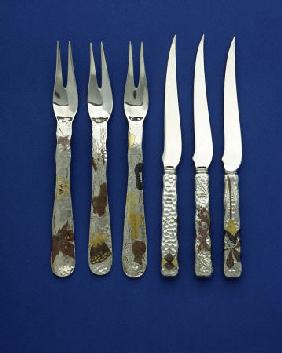 Part Of A Fine And Rare Set Of 36 Dessert Knives And Forks, The Spot Hammered Handles Inlaid With Pa