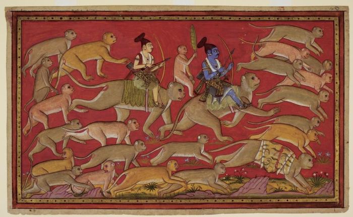 Rama bricht mit der Armee der Affen in den Süden zum Ozean auf. Er reitet auf Hanuman, während sein  from 