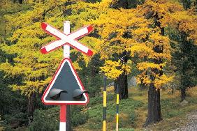 Railway sign board and trees in background (photo) 