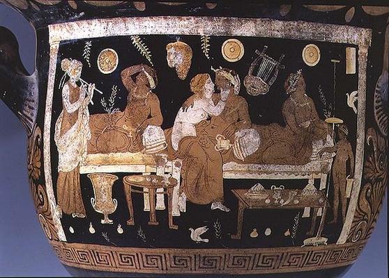 Red and white figure calyx crater: detail depicting banquet scene, Greek (pottery) (detail of 85012) from 