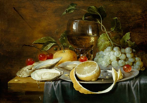A Roemer, A Peeled Half Lemon On A Pewter Plate, Oysters, Cherries And An Orange On A Draped Table from 