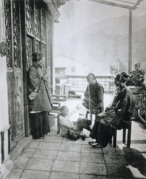 Servants smoking tobacco on their master''s veranda, from Illustrations of China by J Thompson, 1873 from 