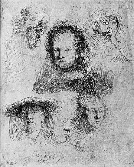 Six heads with Saskia van Uylenburgh (1612-42) in the centre from 