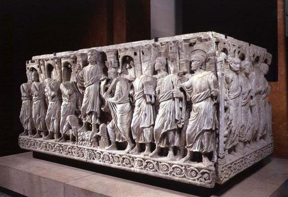Sarcophagus depicting Christ and the Apostles, Roman (marble) from 