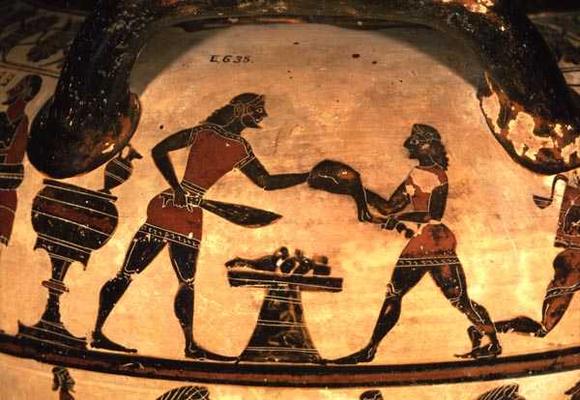 Servants Preparing Food for a Symposium, detail from an Early Corinthian black-figure column-krater, from 