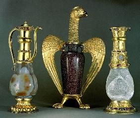 Three liturgical vessels incorporating antique vessels of sardonyx, porphyry and crystal set in 12th