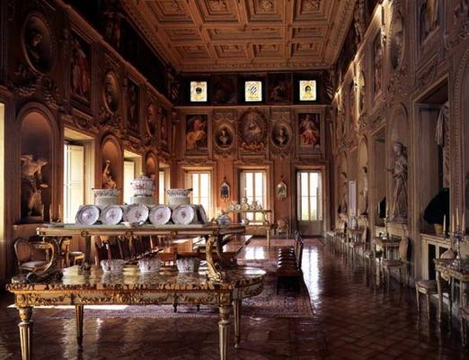 The 'Galleria', with a panelled ceiling and niches containing antique statues from the Sacchetti col from 