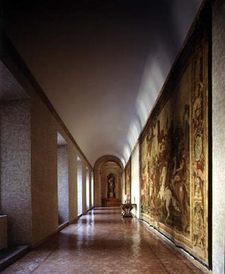 The main corridor on the piano nobile decorated with hanging tapestries, designed by Antonio da Sang from 