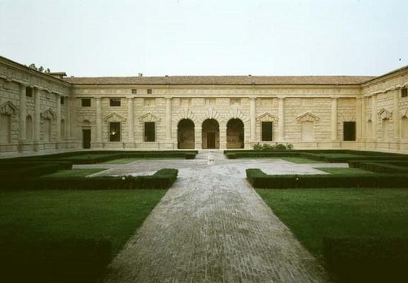 The northern facade of the Cortile d'Onore including the Loggia delle Muse, designed by Giulio Roman from 