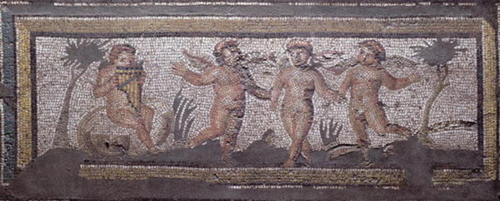 Three dancing putti accompanied by one playing the pan pipes, border detail from a mosaic pavement d from 