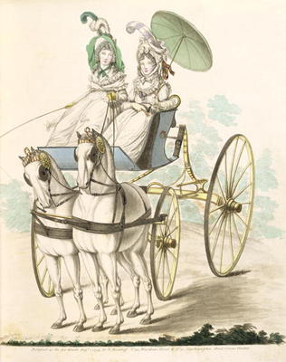 Two ladies, en negligee, taking an airing in a phaeton, from Nikolaus Heideloff's Gallery of Fashion from 