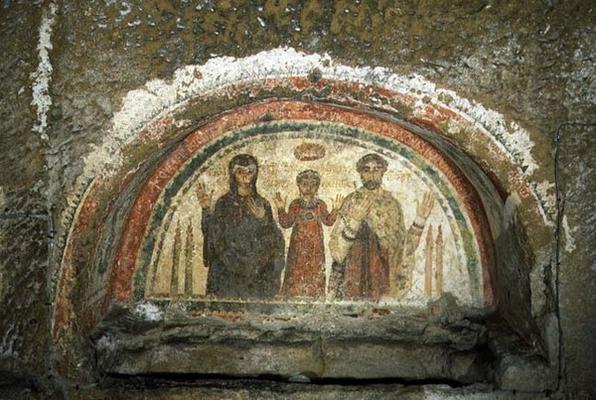 Tympanum depicting the family of the bishop Theotecnus, 5th-6th century AD (mosaic) from 
