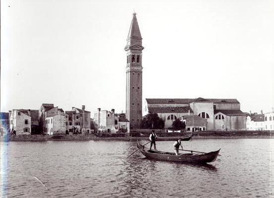 View of the church of San Martino on the island of Burano from the lagoon (b/w photo) from 