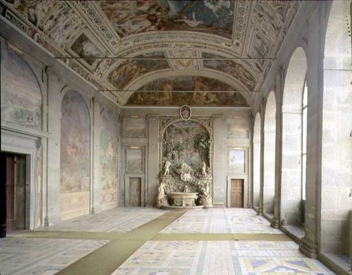 View of the 'Sala d'Ercole' (Hall of Hercules) on the piano nobile, with a fountain at the far end ( from 