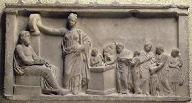 Votive relief depicting a family sacrificing a bull to Asclepius, the god of health and his daughter