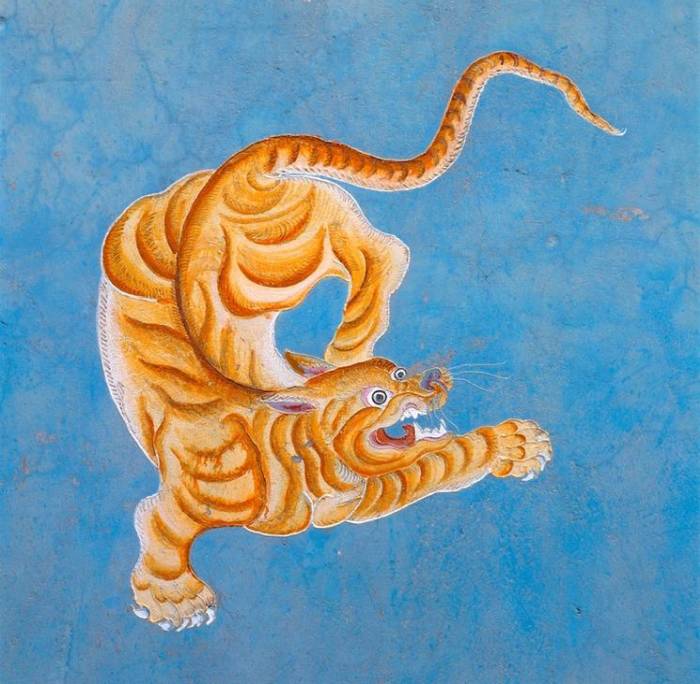 Wandmalerei mit der Darstellung eines Tigers. In einem buddhistischen Kloster from 
