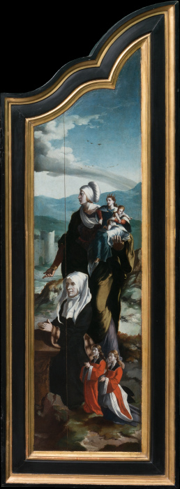 Triptychon mit der Kreuzigung Christi, Heiligen und Stifterfamilie. Rechter Innenflügel: Stifterin m from Nordniederländischer Meister um 1530