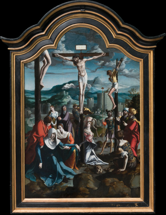 Triptychon mit der Kreuzigung Christi, Heiligen und Stifterfamilie. Mitteltafel: Kreuzigung Christi from Nordniederländischer Meister um 1530