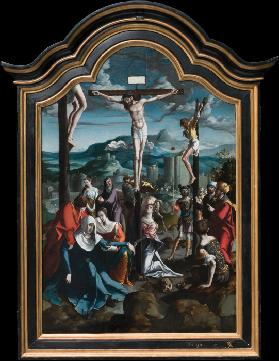Triptychon mit der Kreuzigung Christi, Heiligen und Stifterfamilie. Mitteltafel: Kreuzigung Christi