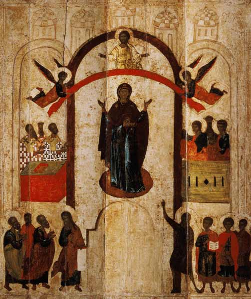 The Protection of the Theotokos (Mother of God) Russian icon from the Zverin Monastery from Novgorod School